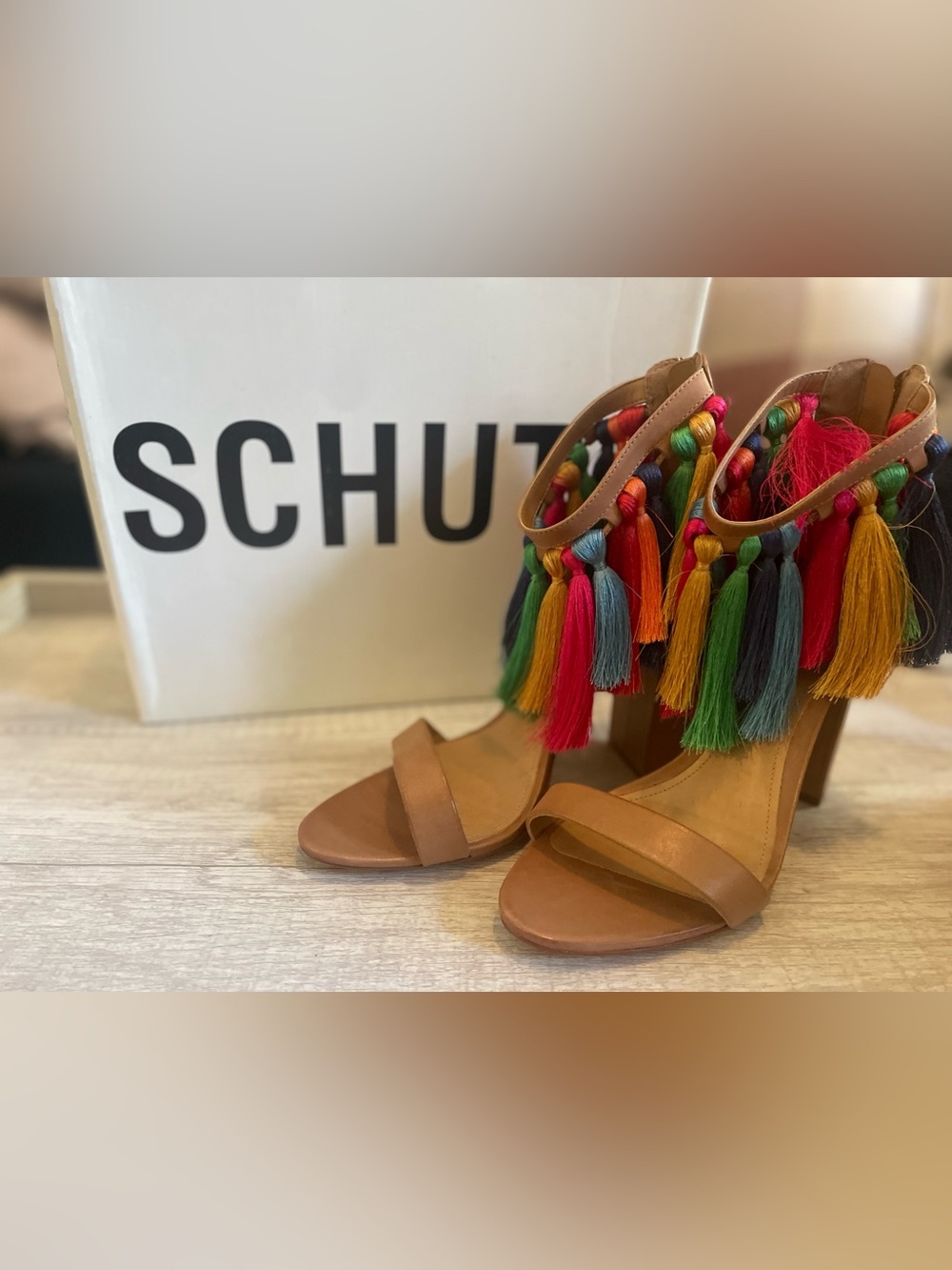 Schutz Tan Leather Block Heel Sandals with Multicolor Tassels